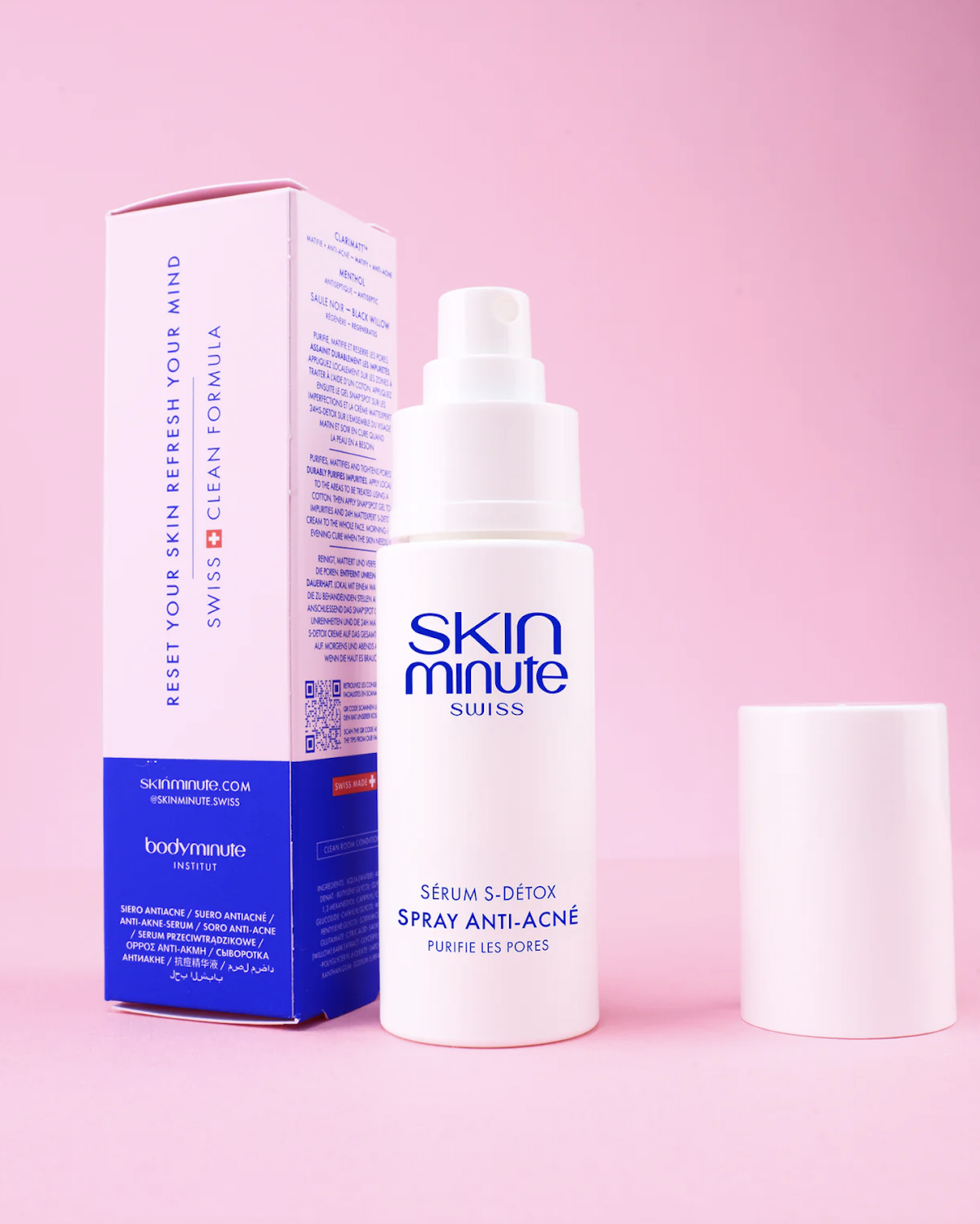 SKIN MINUTE S-DETOX ANTI-ACNE SPRAY SERUM 
Sprej na zmatnenie pleti s mentolom a čiernej bazy<br>Čistiaci a zmatňujúci sprej proti akné