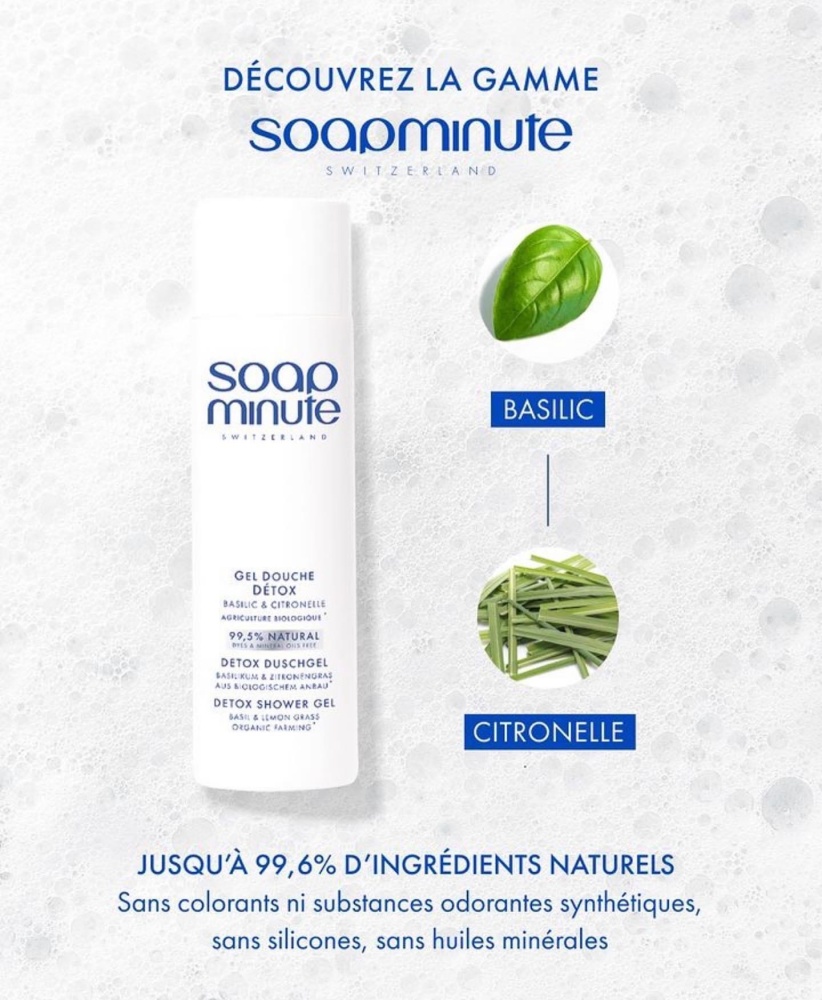 SKIN MINUTE GEL DOUCHE DETOX <br> Zľava 50% 
Detoxikačný sprchоvý gél<br>Prírodný gél s bazalkou a citrónovou trávou
