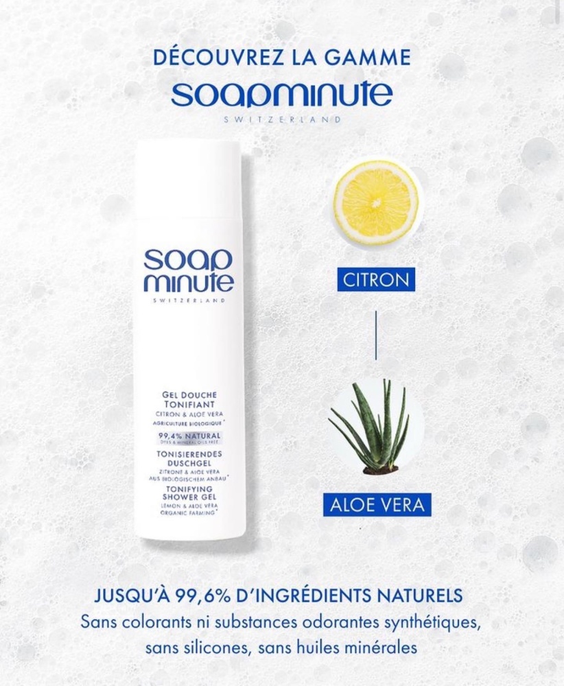 SKIN MINUTE GEL DOUCHE TONIFIANT<br>Zľava 50% 
Tonizačný sprchový gél s citrónom, aloe vera<br>Sprchový gél s jemnou a ľahkou textúrou.