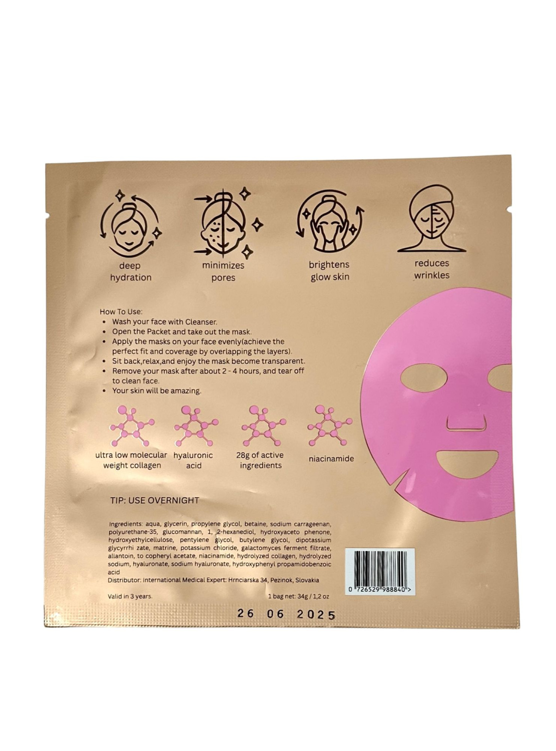 GIFT MEDICALS COSMETICS QUEEN COLLAGEN PINK MASK 
Darček Hydrogélová pleťová maska Medicals Cosmetics s kolagénom, kyselinou hyalurónovou a niacinamidom