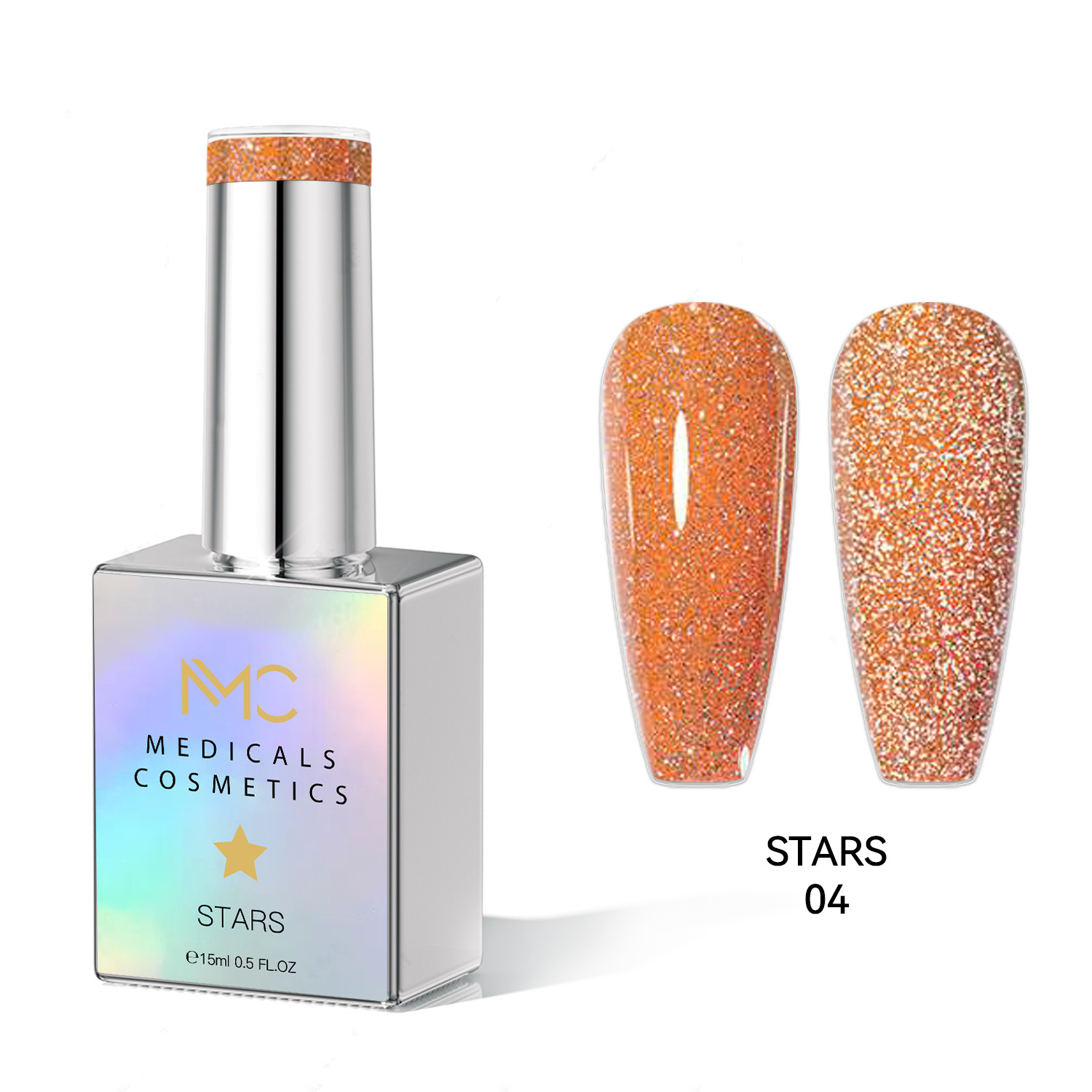 STARS GEL POLISH - HEMA FREE - PROFESSIONAL MEDICALS COSMETICS - NAILS COLOR REFLECTIVE GEL 
MC STARS 04 - Oranžový gél na nechty s trblietavým efektom pod UV lampu. HEMA FREE