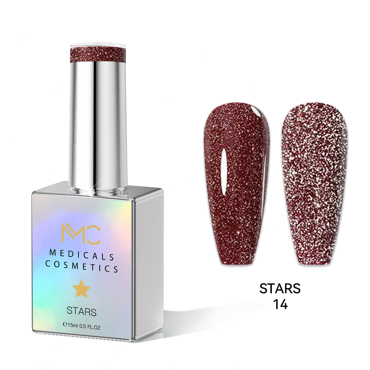STARS GEL POLISH - HEMA FREE - PROFESSIONAL MEDICALS COSMETICS - NAILS COLOR REFLECTIVE GEL 
MC STARS 14 - Hnedý gél na nechty s trblietavým efektom pod UV lampu. HEMA FREE