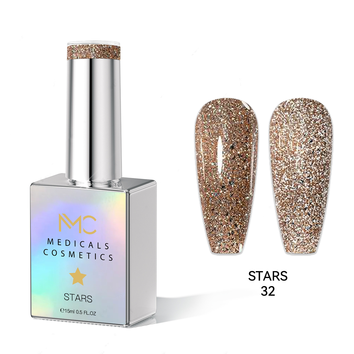 STARS GEL POLISH - HEMA FREE - PROFESSIONAL MEDICALS COSMETICS - NAILS COLOR REFLECTIVE GEL 
MC STARS 32 - Zlatý gél na nechty s trblietavým efektom pod UV lampu. HEMA FREE