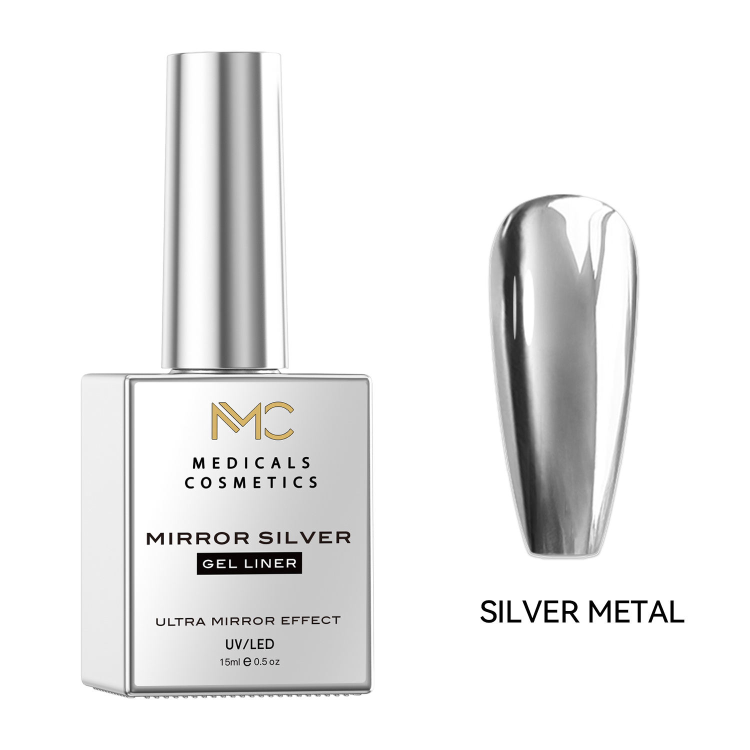 LINER GEL 02 METAL - PROFESSIONAL MEDICALS COSMETICS - SILVER 
Vysoko krycí UV/LED metalický liner gél s efektom zrkadla - strieborný