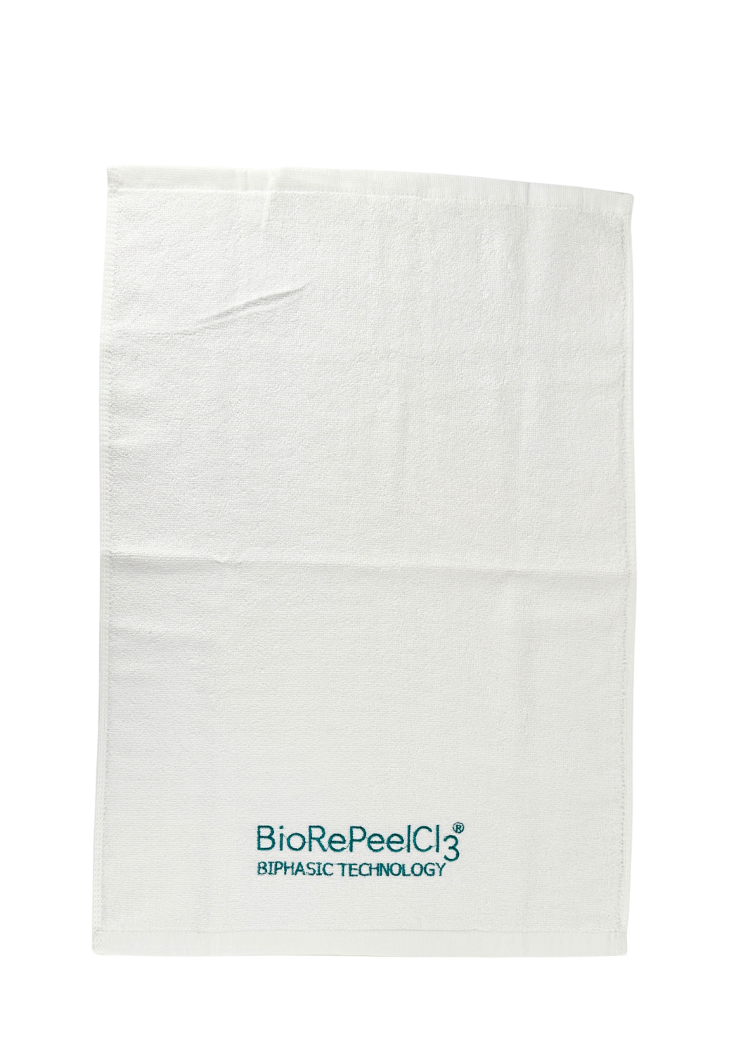 GIFT TOWEL BIOREPEEL SMALL, WHITE WITH BLUE-TO-GREEN LOGO 
40x60 cm Darček Malý bavlnený uterák s logom BioRePeel, biely s tyrkysovou výšivkou