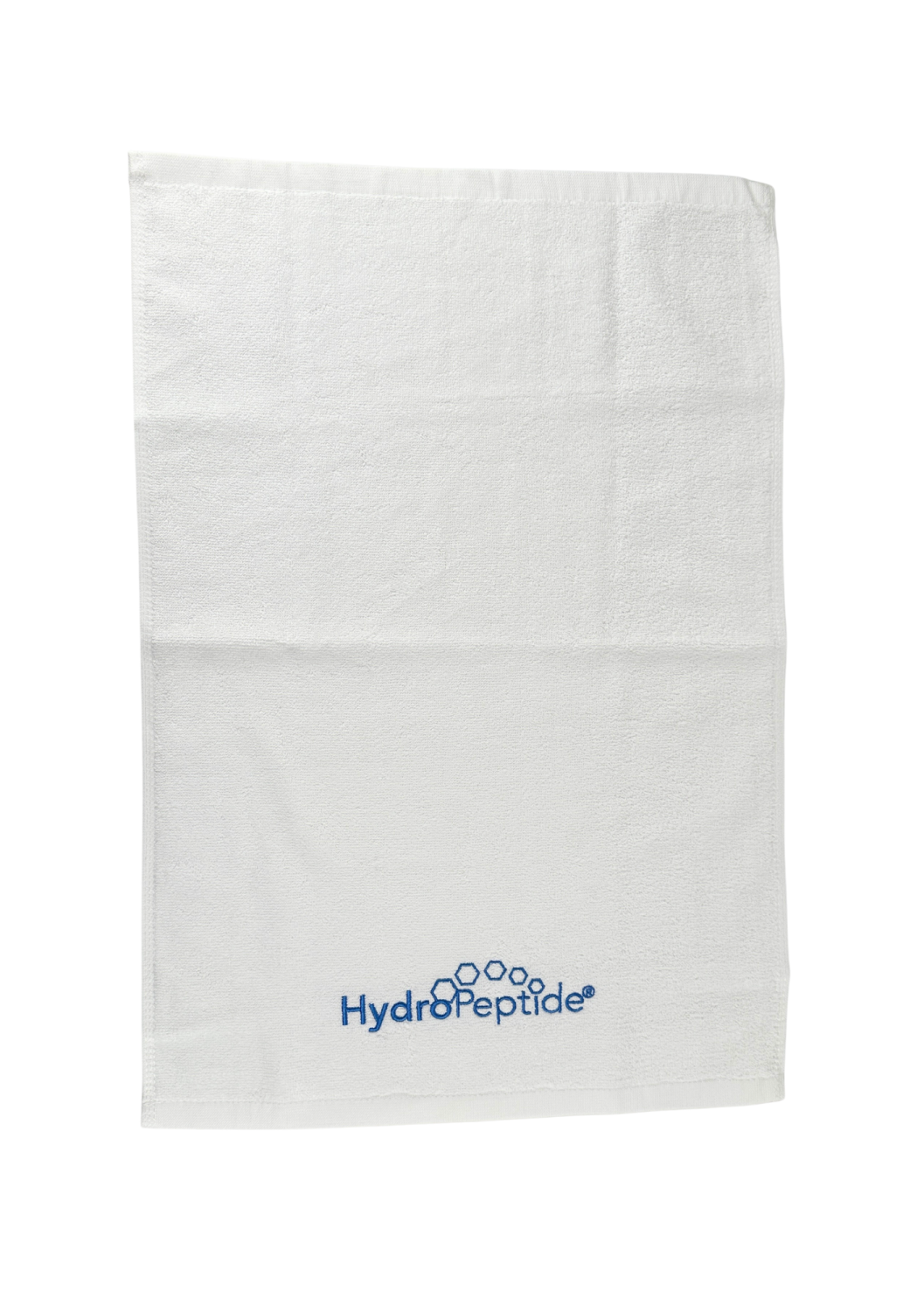 TOWEL HYDROPEPTIDE SMALL, WHITE WITH BLUE LOGO 
40x60 cm Malý bavlnený uterák s logom Hydropeptide, biely s modrou výšivkou