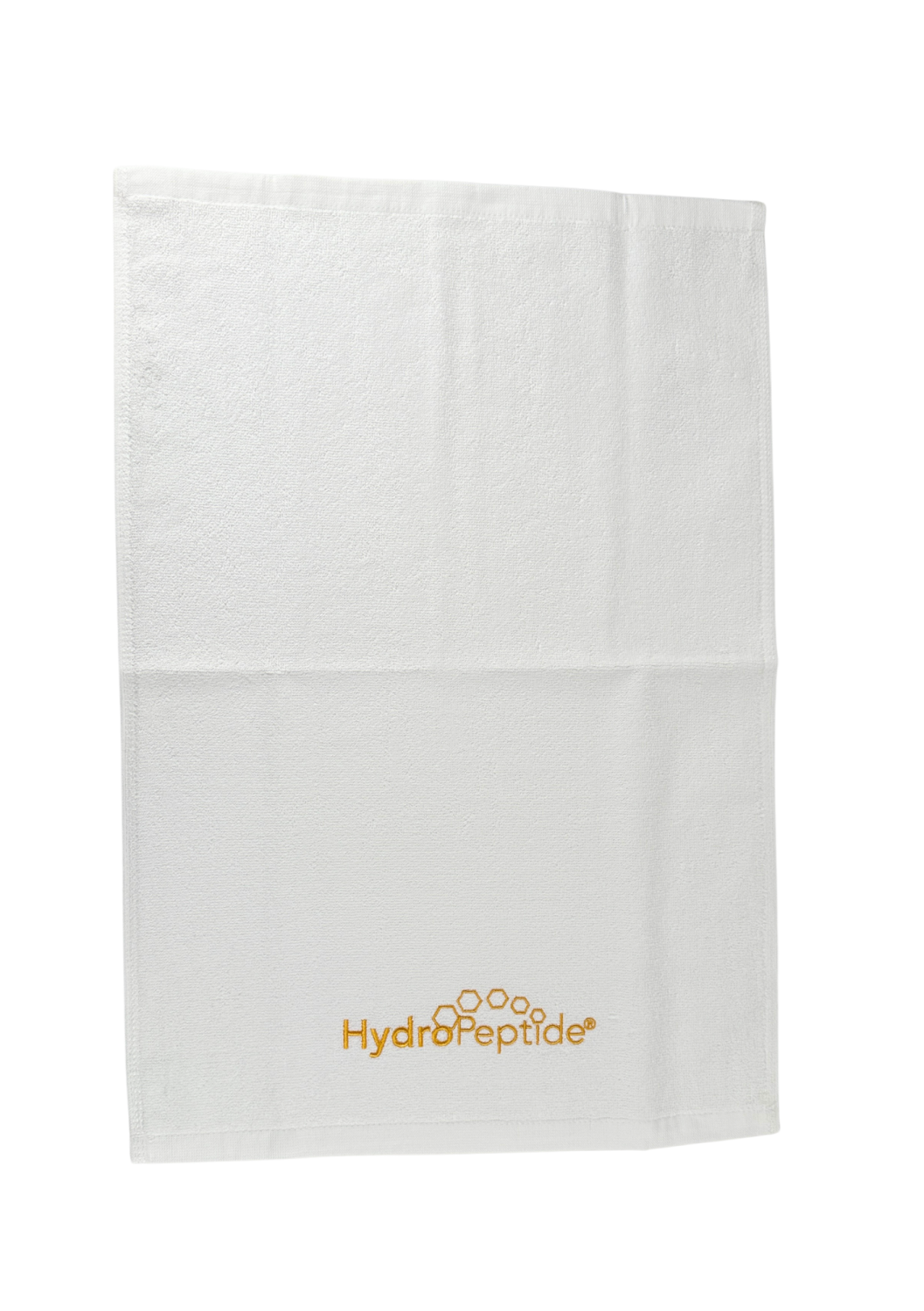 TOWEL HYDROPEPTIDE SMALL, WHITE WITH GOLDEN LOGO 
40x60 cm Malý bavlnený uterák s logom Hydropeptide, biely so zlatou výšivkou
