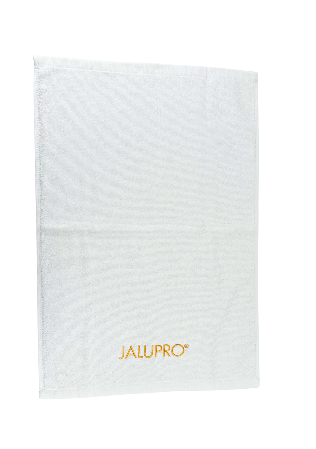 TOWEL JALUPRO SMALL, WHITE WITH GOLDEN LOGO 
40x60 cm Malý bavlnený uterák s logom Jalupro, biely so zlatou výšivkou