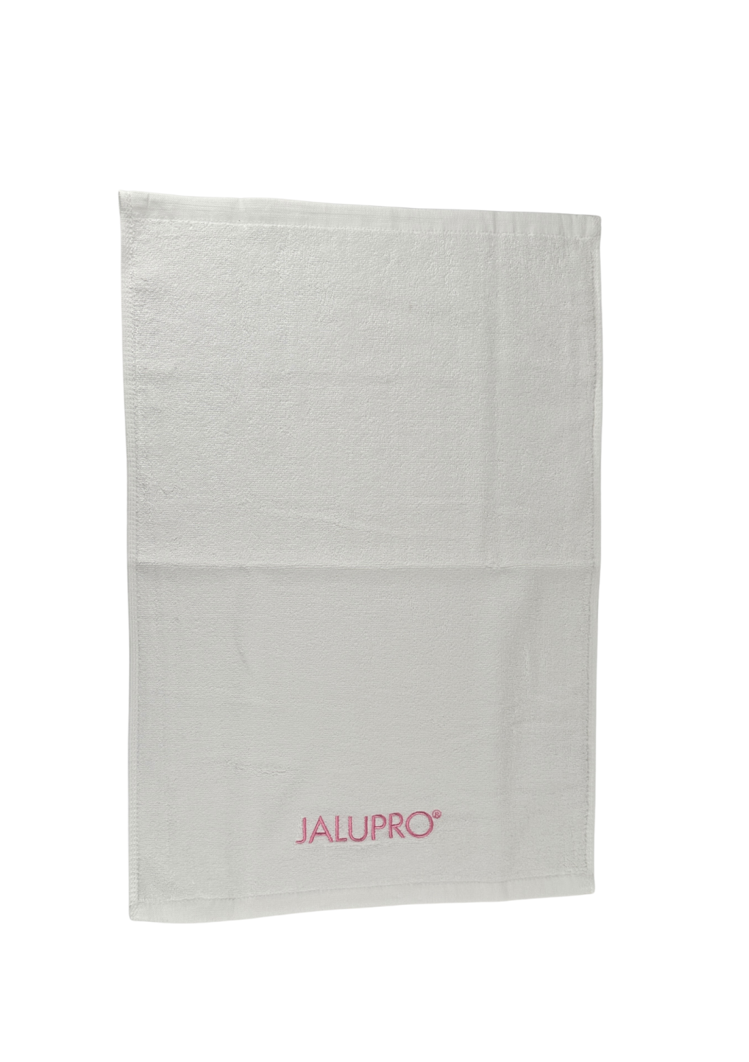 TOWEL JALUPRO SMALL, WHITE WITH PINK LOGO 
40x60 cm Malý bavlnený uterák s logom Jalupro, biely s ružovou výšivkou