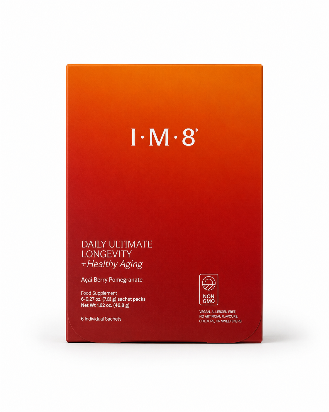 IM8 DAILY ULTIMATE LONGEVITY 1 WEEK TRIAL & TRAVEL PACK 
Komplexný výživový doplnok na podporu vitality a zdravého starnutia s príchuťou açaí a granátového jablka - skúšobné 6-dňové balenie / cestovné balenie