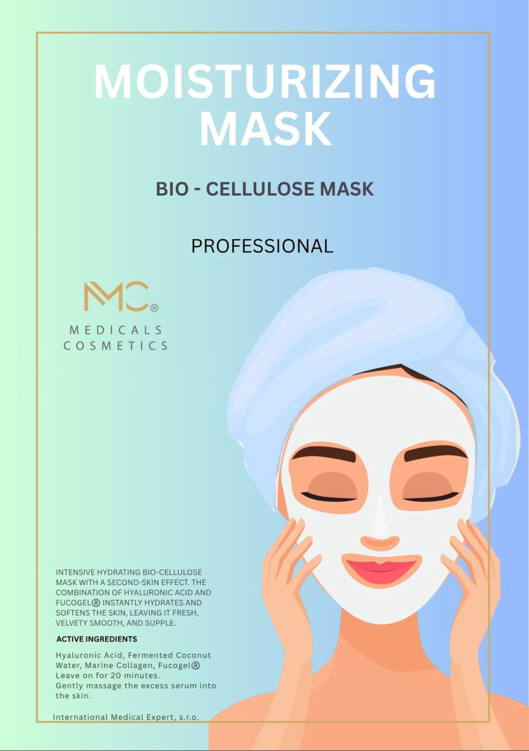 MOISTURIZING BIO-CELLULOSE FACE & NECK MASK 
Intenzívne hydratačná biocelulózová maska na tvár a krk s kyselinou hyalurónovou a morským kolagénom
