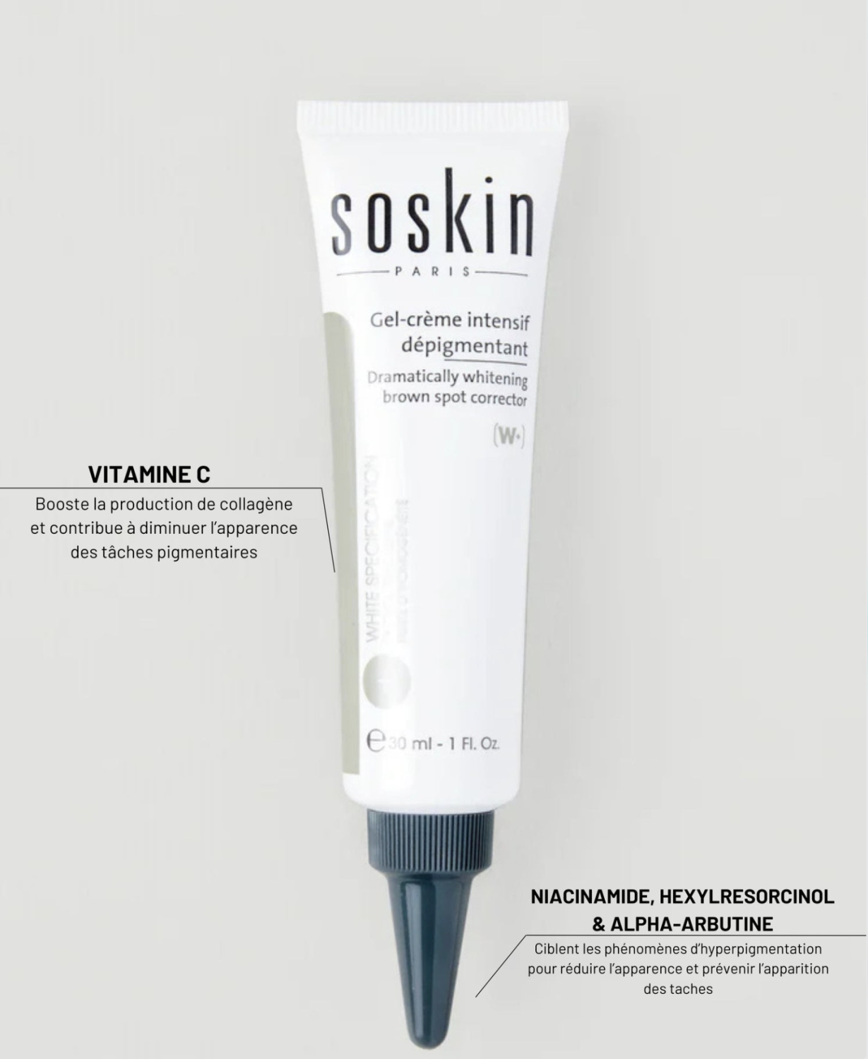 SOSKIN DRAMATICALLY WHITENING BROWN SPOT CORRECTOR <br> EXP 04/26 Zľava 80% 
Intenzívny depigmentačný gélový krém 30 ml.