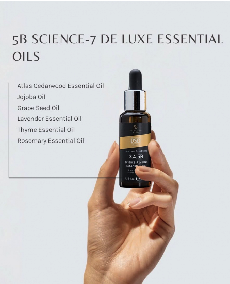 DSD SIMONE DE LUXE SCIENCE-7 DE LUXE ESSENTIAL OILS 
3.4.5B  Vlasové hnojivo pri vypadávaní vlasov. Zmes esenciálnych a základných olejov určená na reguláciu mastnej pokožky hlavy, kontrolu lupín a podporu rastu vlasov.